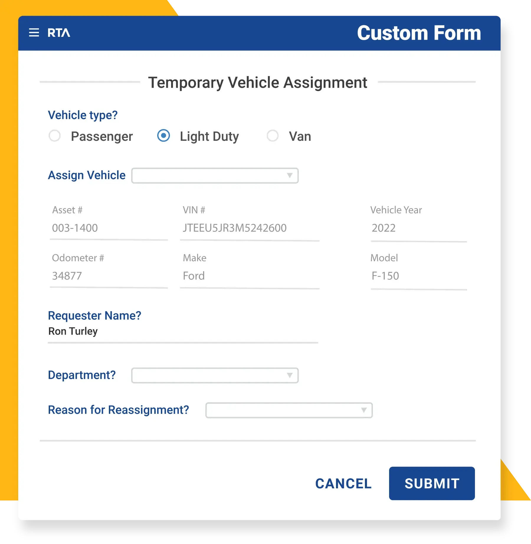 Custom Form - Temporary Vehicle Reassignment