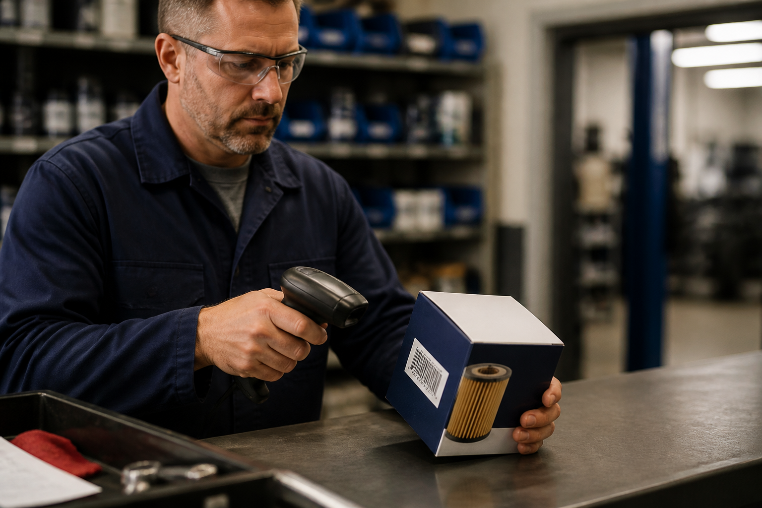 Fleet maintenance technician scanning a barcode on a boxed oil filter at the parts counter.